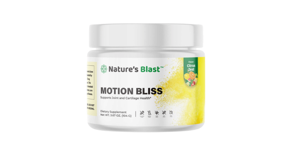 Nature’s Blast Motion Bliss dietary supplement for joint support powder container on a white background.