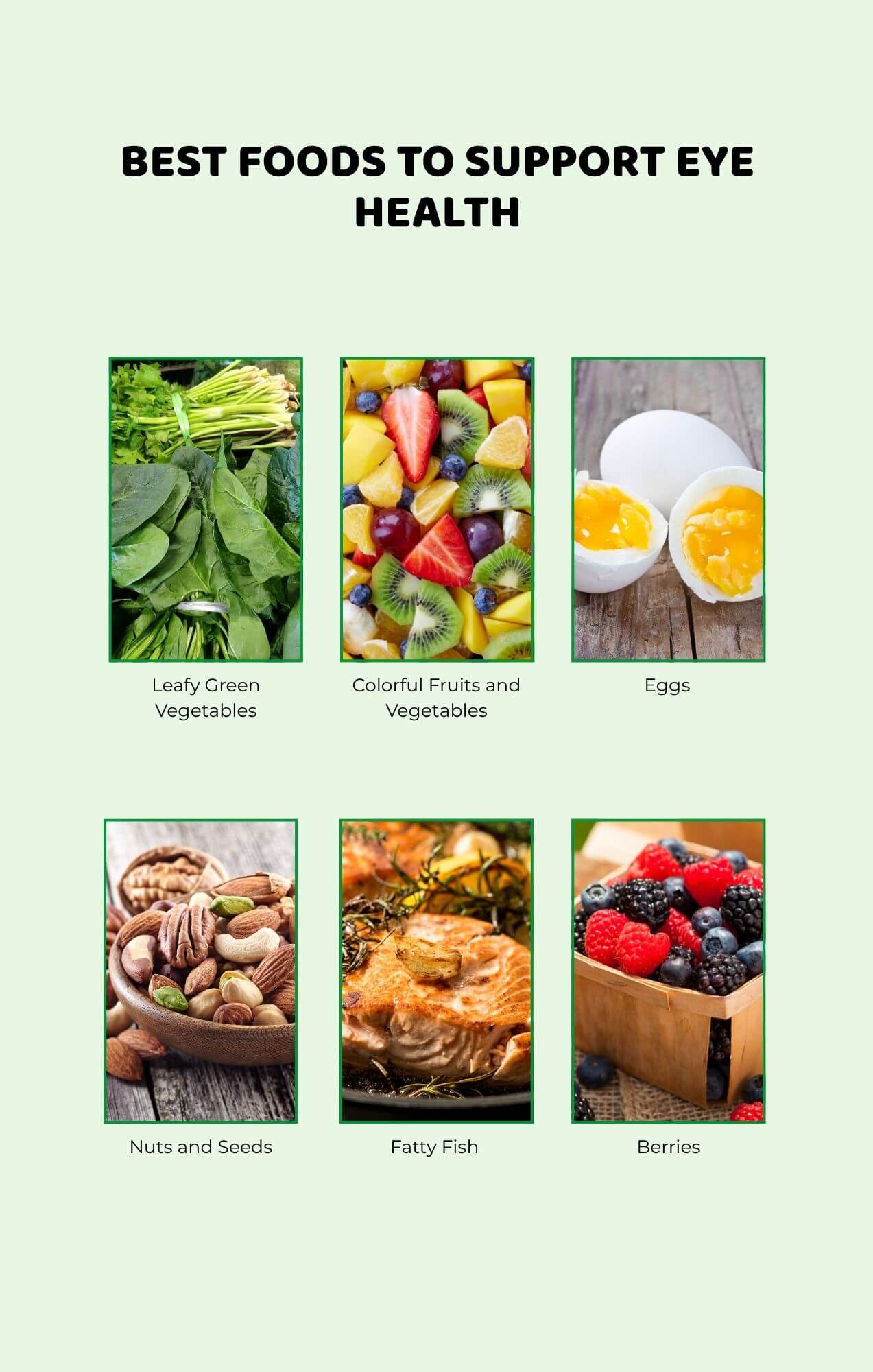 Leafy greens, fruits, eggs, nuts, fish, and berries shown as best foods for eye health.