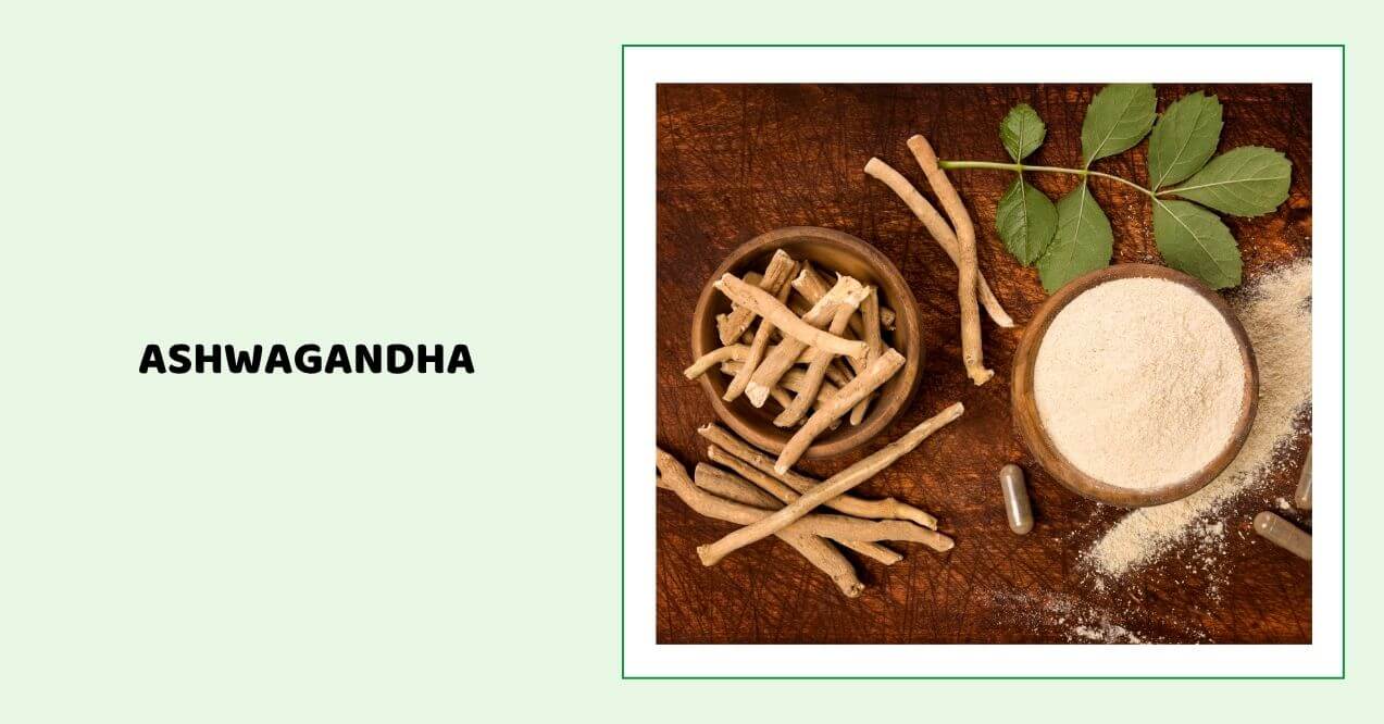 Ashwagandha roots, powder, and capsules on a wooden table.