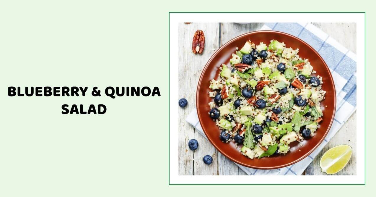 Blueberry and quinoa salad with pecans and cucumber on a brown plate.