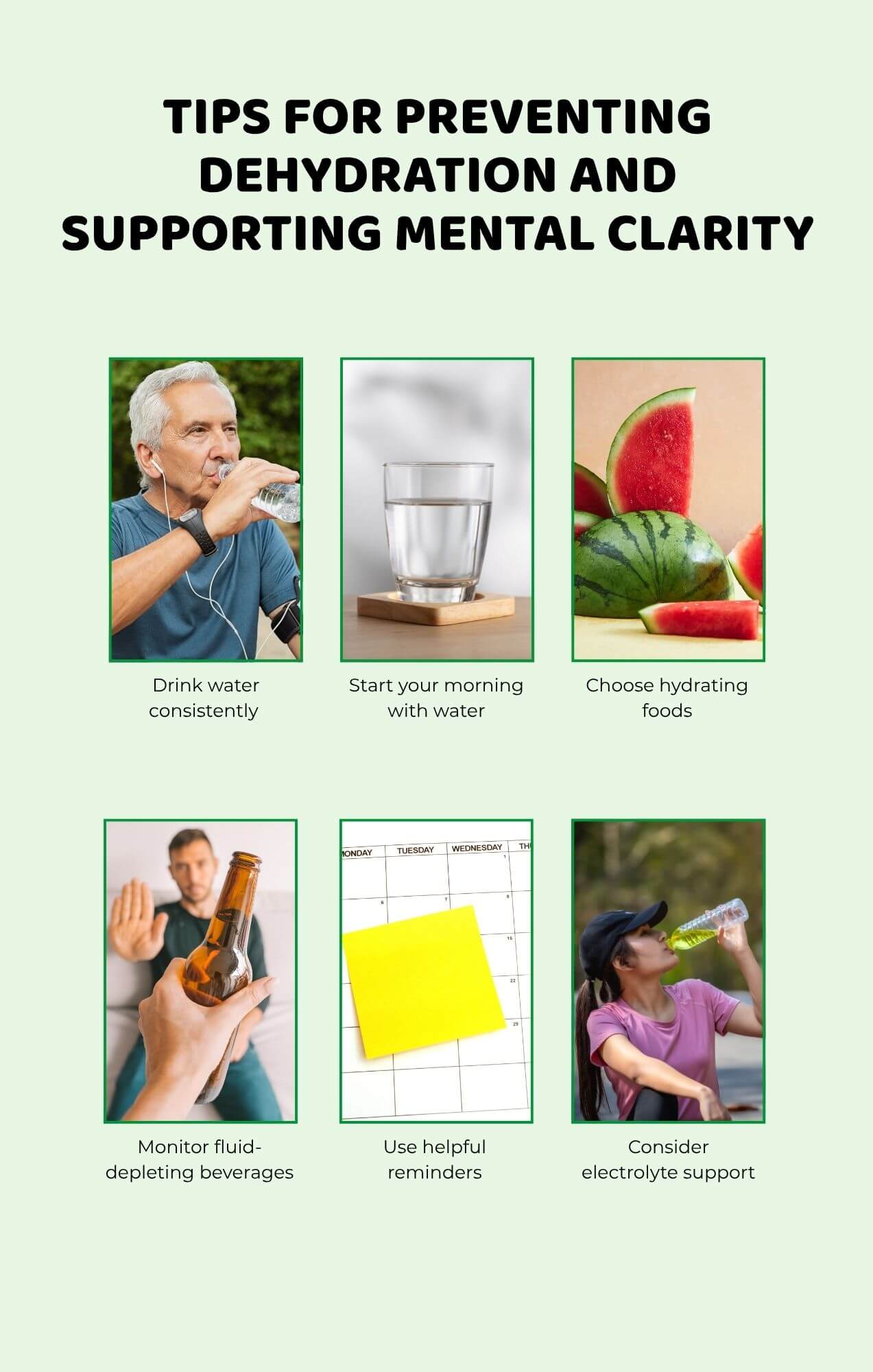 Visual tips to prevent dehydration and boost clarity like hydration, reminders, and electrolytes