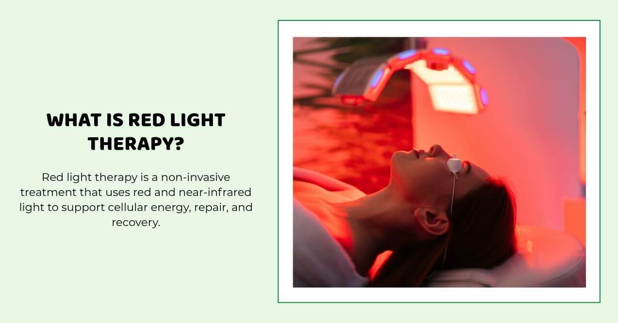 Woman lying under red light therapy panel with eye protection