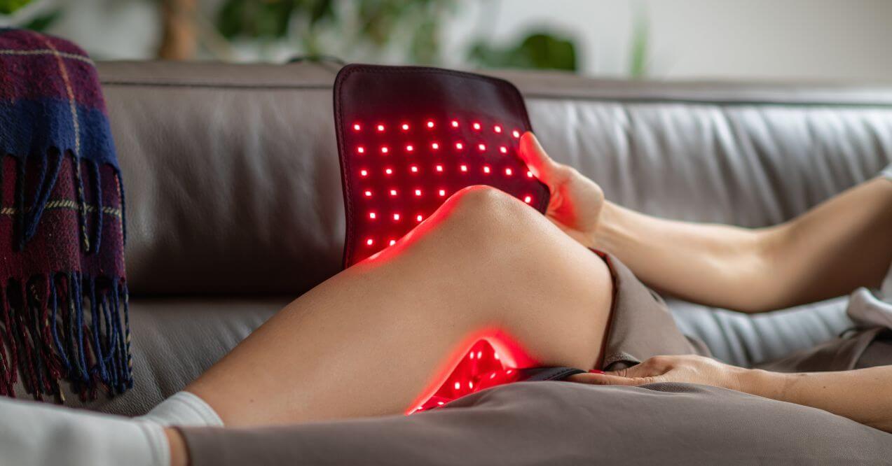 Person using red light therapy for lymphatic drainage on knee while seated