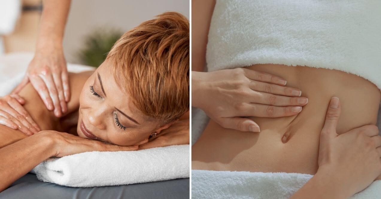 Woman receiving massage, resembling lymphatic drainage massage before and after