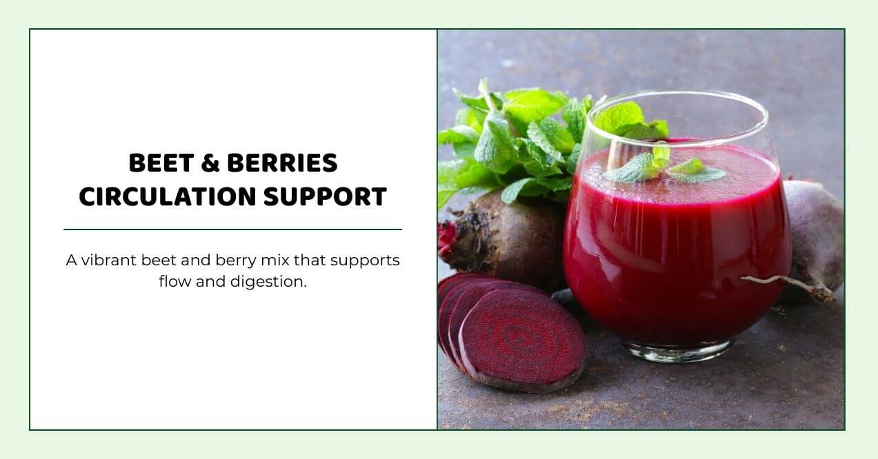Beet and berry smoothie in glass with mint leaves for circulation support