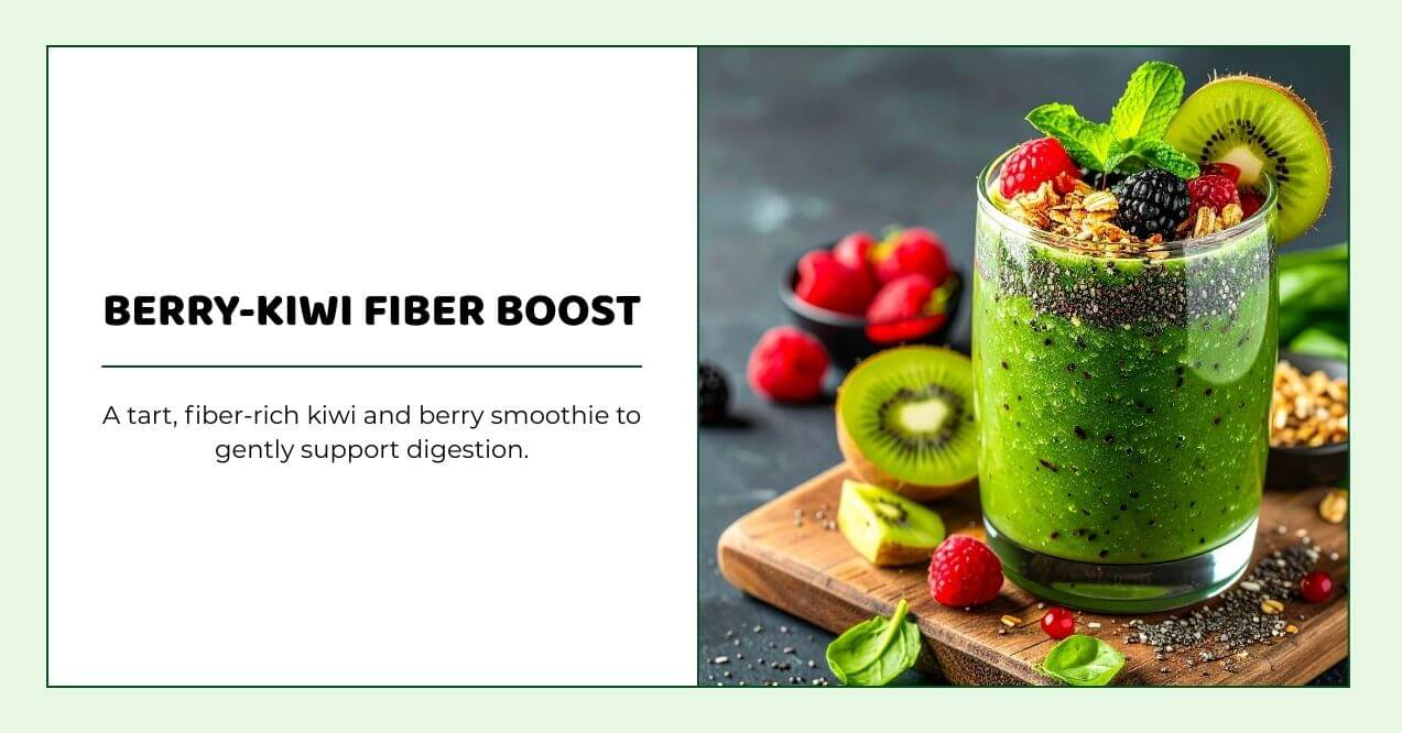 Green kiwi and berry smoothie topped with chia seeds and fresh fruit