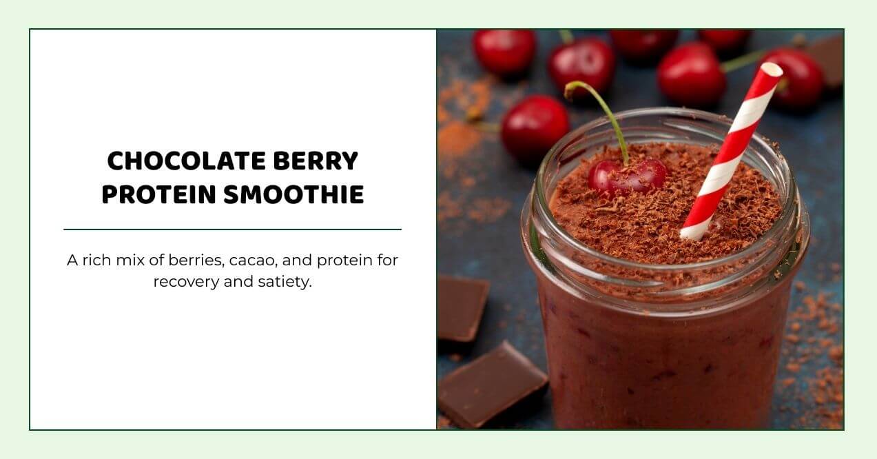 Chocolate berry protein smoothie with cherry and cacao topping in glass