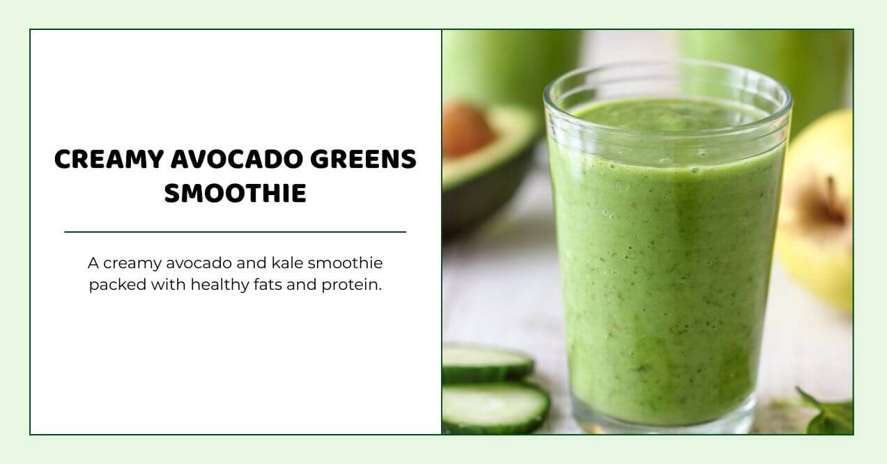 Avocado and kale green smoothie in glass with fresh ingredients nearby