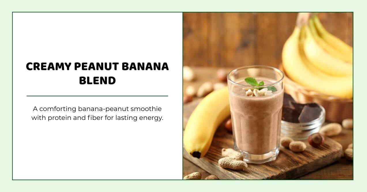 Banana peanut butter smoothie in glass with bananas and peanuts around