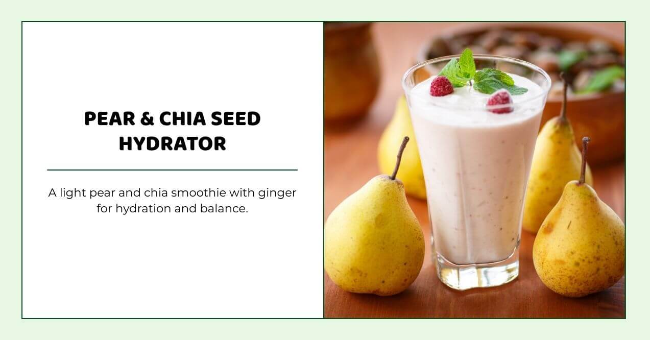 Creamy pear and chia smoothie in glass with fresh pears and mint garnish