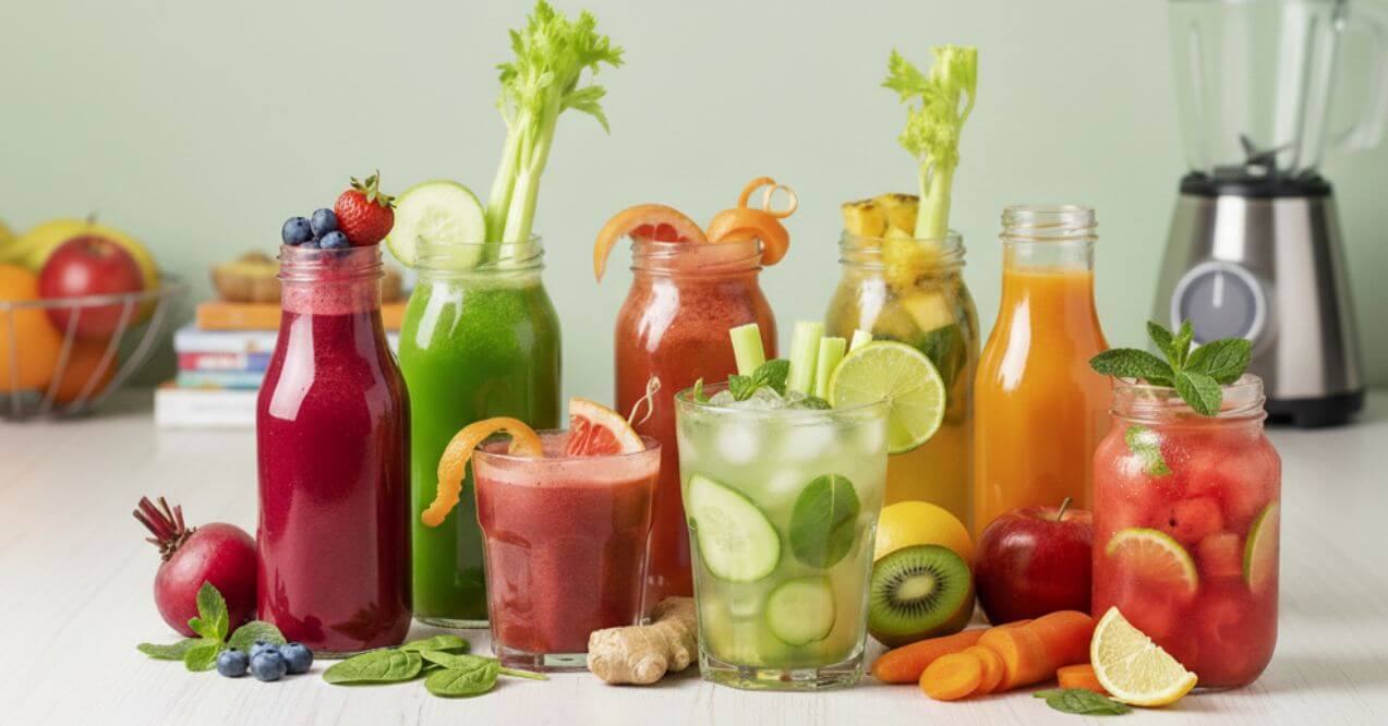 Assorted colorful fresh juices with fruits and vegetables on table resembling juicing recipes for high blood pressure