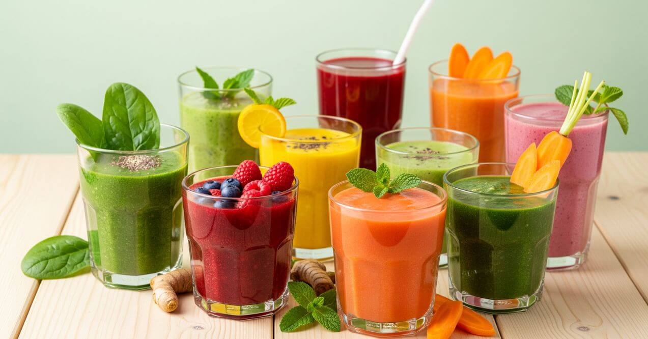 Colorful smoothies on the table resembling recipes for detox smoothies detox smoothies