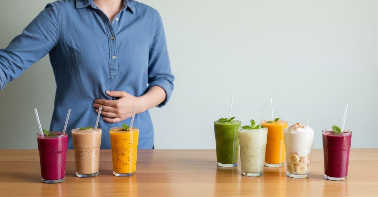 Assorted colorful smoothies on table resembling smoothie for constipation recipes
