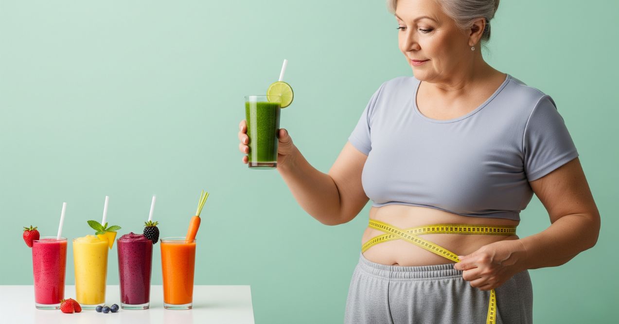 Older woman holding green smoothie with tape measure for weight loss resembling weight loss smoothie recipes