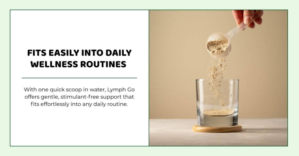 Scoop of Lymph Go powder poured into glass for daily supplement use