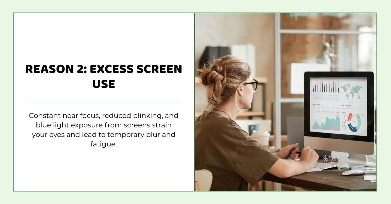 Woman using computer showing eye strain from prolonged screen exposure