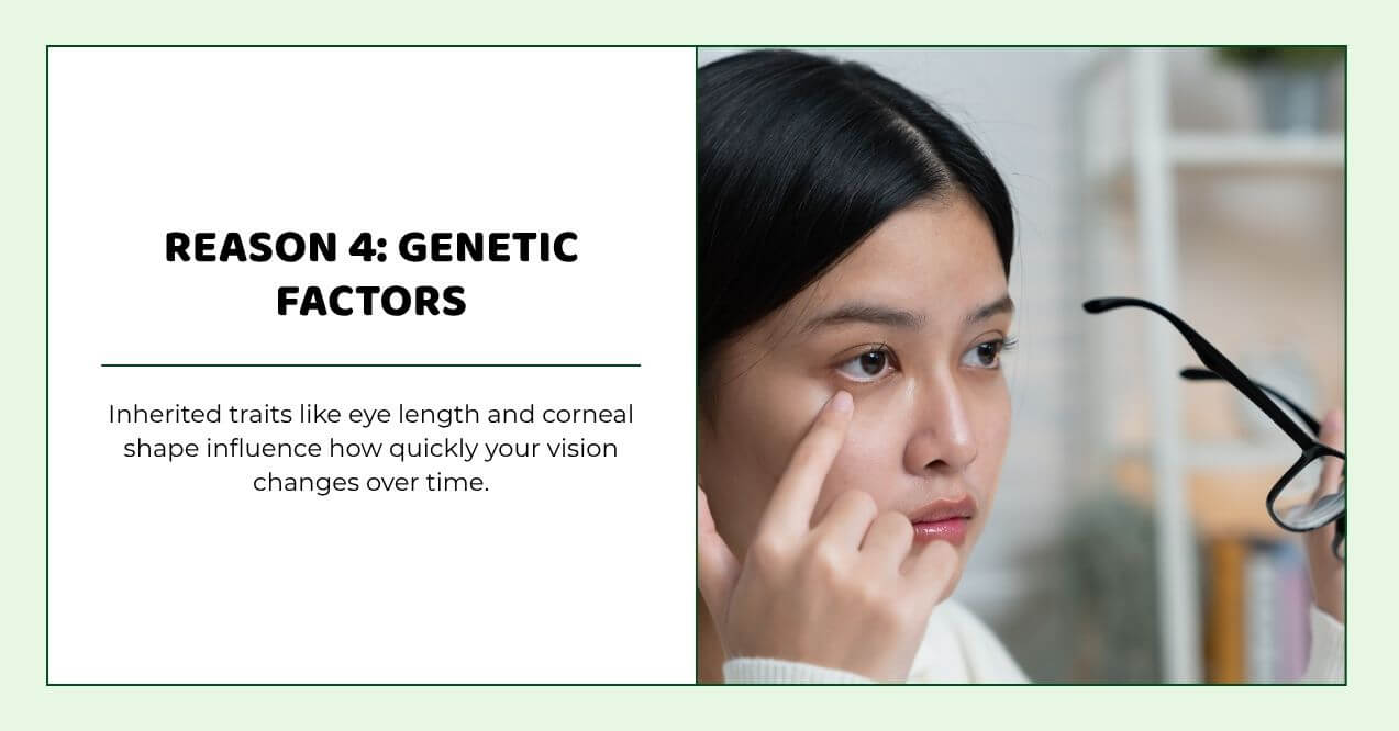 Woman touching her eye while holding glasses, illustrating inherited vision traits