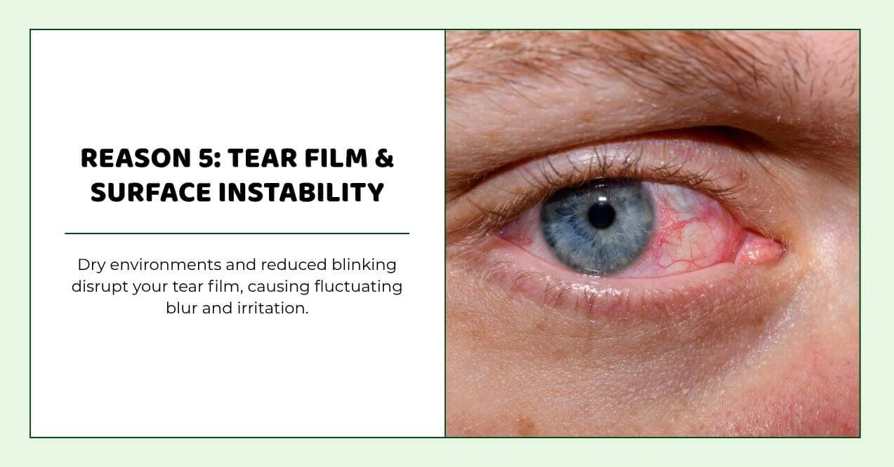 Close-up of red irritated eye caused by dryness and reduced blinking