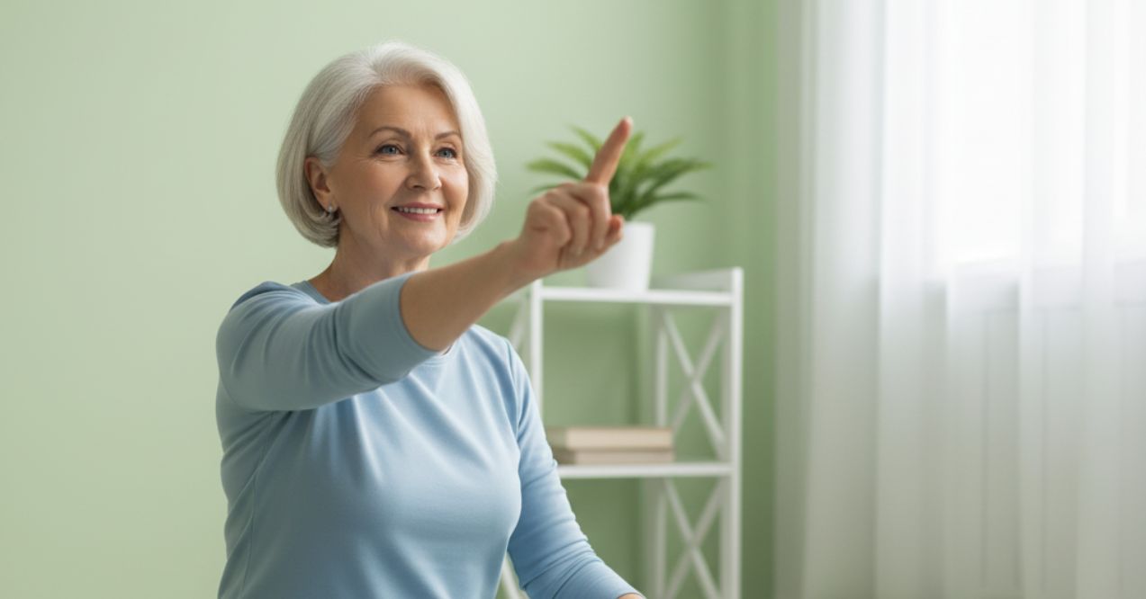 Older woman pointing forward while practicing eye exercises to improve vision