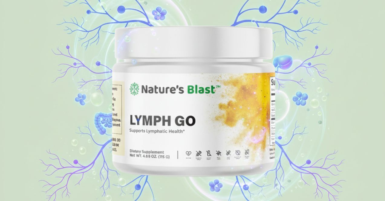 Nature’s Blast Lymph Go supplement jar with lymphatic system background resembling Lymph Go benefits
