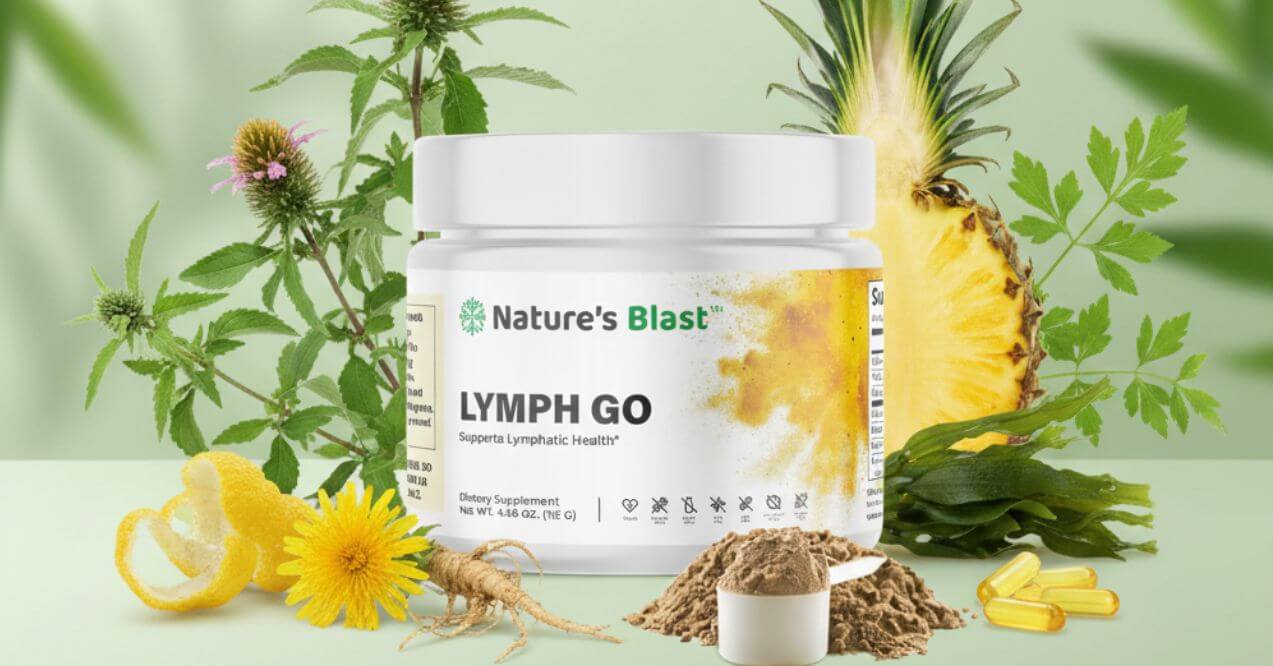 Lymph Go supplement with herbal ingredients list shown like kelp and dandelion root.