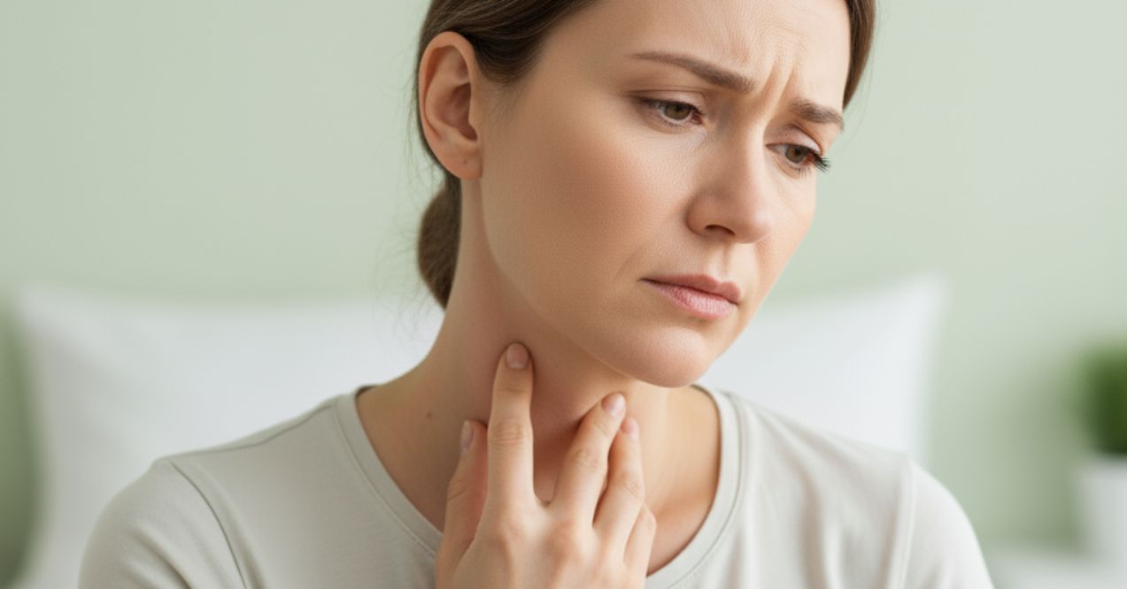 Woman gently touching neck, wondering should i go to urgent care for swollen lymph nodes