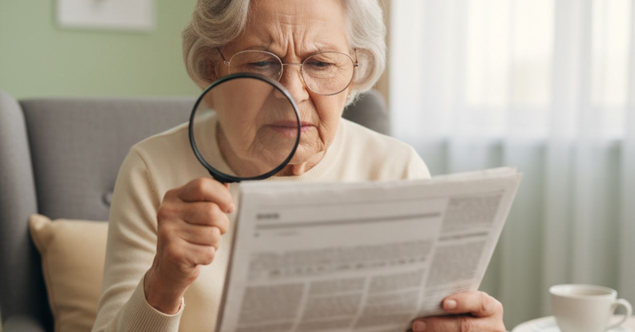 Elderly woman using magnifying glass to read newspaper wondering why is my eyesight getting worse