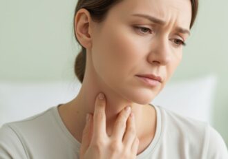 Woman gently touching neck, wondering should i go to urgent care for swollen lymph nodes