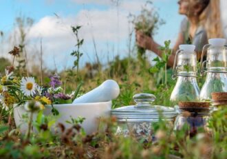 Herbs that help with memory and mortar with pestle in a sunny meadow.