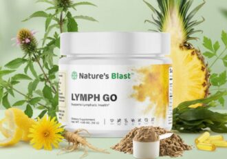 Lymph Go supplement with herbal ingredients list shown like kelp and dandelion root.
